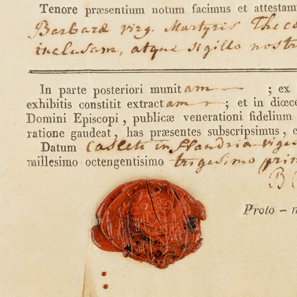 1  Reliquary - Relic Ex Ossibus Sancta Barbara Virg. Martyris. With Original Document