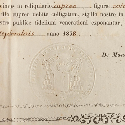 Reliquary - Relic Ex Ossibus Sancta Christina Verginis. With Original Document en Brass / Glass / Wax Seal, Belgium  19 th century ( Anno 1858)