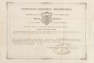 Reliquary - Relic Ex Ossibus Sancta Christina Verginis. With Original Document en Brass / Glass / Wax Seal, Belgium  19 th century ( Anno 1858)