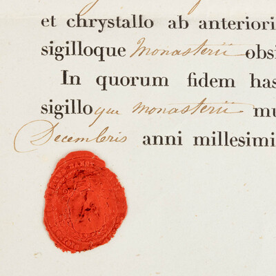 Reliquary - Relic Ex Ossibus Sancta Digni M. With Original Document en Brass / Glass / Wax Seal, Belgium  19 th century ( Anno 1858 )