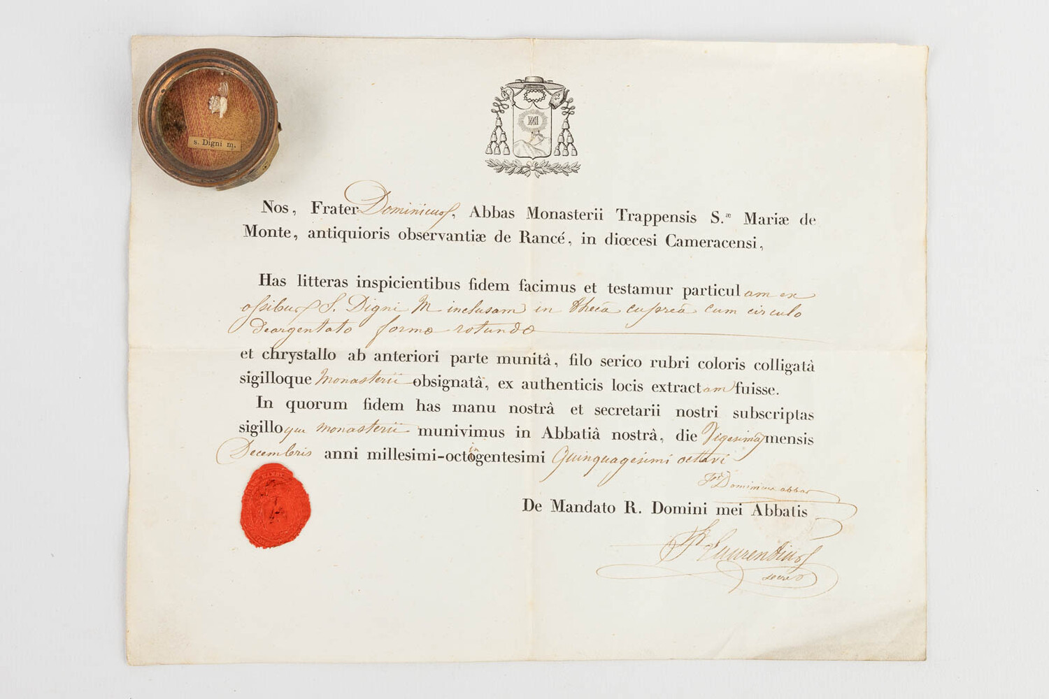 1  Reliquary - Relic Ex Ossibus Sancta Digni M. With Original Document