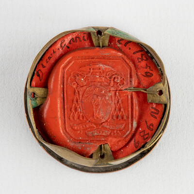 Reliquary - Relic Ex Ossibus Sancta Faustinae Virginis Martyris. With Origina Document en Brass / Glass / Wax Seal, Belgium  19 th century ( Anno 1859 )