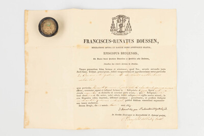 Reliquary - Relic  Ex Ossibus Sancta Justini. With Original Document en Brass / Glass / Wax Seal, Belgium  19 th century ( Anno 1847 )