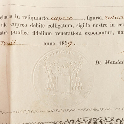 Reliquary - Relic Ex Ossibus Sancta Philomenae Virginis Martyris. With Original Document en Brass / Glass / Wax Seal, Belgium  19 th century ( Anno 1859 )