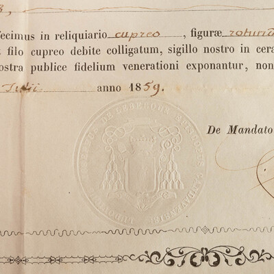 Reliquary - Relic Ex Ossibus Sancta Sabina. With Original Document en Brass / Glass / Wax Seal, Belgium  19 th century ( Anno 1859 )