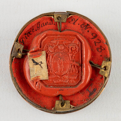 Reliquary - Relic Ex Ossibus Sanctae Amandae Martyris With Original Docment en Brass / Glass / Wax Seal, Belgium  19 th century