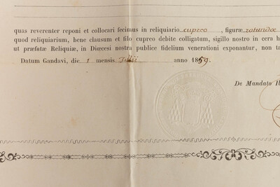 Reliquary - Relic Ex Ossibus Sanctae Severae Martyris With Original Document en Brass / Glass / Wax Seal, Belgium  19 th century