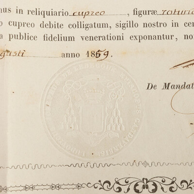 Reliquary - Relic Ex Ossibus Sanctae Valeriae Martyris. With Original Document en Glass / Originally Sealed, Belgium  19 th century ( Anno 1859 )