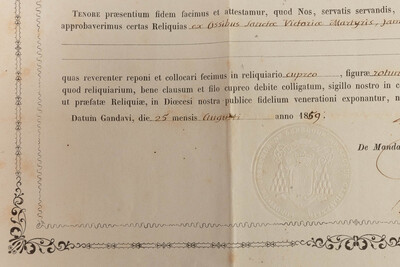 Reliquary - Relic Ex Ossibus Sanctae Victoria Martyris  With Original Document en Brass / Glass / Wax Seal, Belgium  19 th century