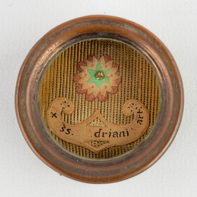 Reliquary - Relic Ex Ossibus Sancti Adriani Martyris With Original Docment en Brass / Glass / Wax Seal, Belgium  19 th century