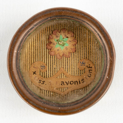 Reliquary - Relic  Ex Ossibus Sancti Bavonis Confessoris With Original Document en Brass / Glass / Wax Seal, Belgium  19 th century