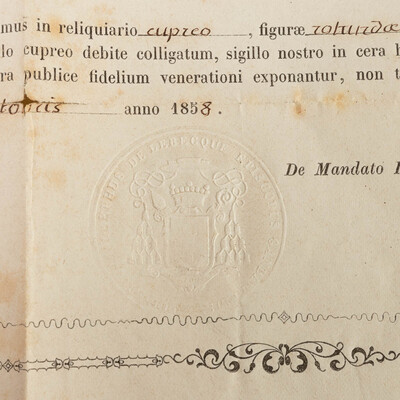 Reliquary - Relic Ex Ossibus Sancti Bertini Abbatis. With Original Document en Brass / Glass / Wax Seal, Belgium  19 th century ( Anno 1858 )