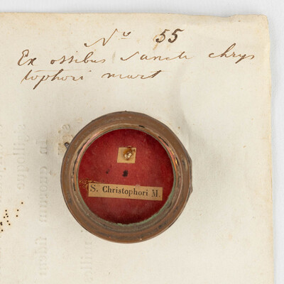 Reliquary - Relic Ex Ossibus Sancti Christophori. With Orignial Document en Brass / Glass / Wax Seal, Belgium  19 th century ( Anno 1858 )
