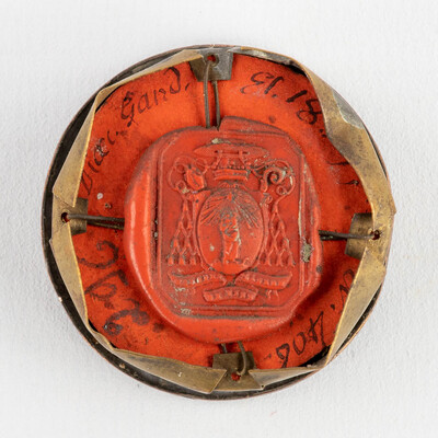 Reliquary - Relic Ex Ossibus Sancti Clementini Martyris. With Original Document en Brass / Glass / Wax Seal, Belgium  19 th century ( Anno 1859 )