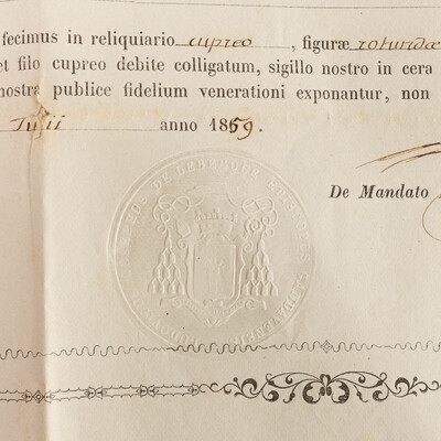 Reliquary - Relic Ex Ossibus Sancti Clementini Martyris. With Original Document en Brass / Glass / Wax Seal, Belgium  19 th century ( Anno 1859 )