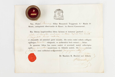Reliquary - Relic Ex Ossibus Sancti Conrardi. With Original Document en Brass / Glass / Wax Seal, Belgium  19 th century ( Anno 1858 )