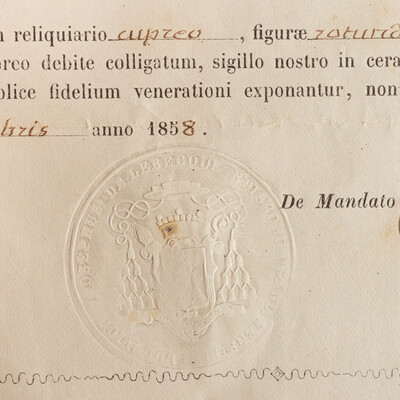Reliquary - Relic Ex Ossibus Sancti Cornelii Martyris. With Original Document en Brass / Glass / Wax Seal, Belgium  19 th century ( Anno 1858 )