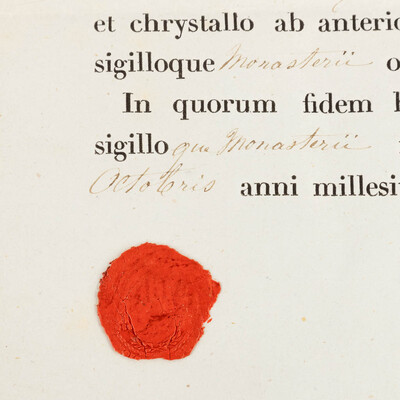 Reliquary - Relic Ex Ossibus Sancti Dionysii Areap. With Original Document en Brass / Glass / Wax Seal, Belgium  19 th century ( Anno 1858 )