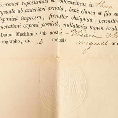 Reliquary - Relic Ex Ossibus Sancti Donati Martyris. With Original Document en Brass / Glass / Wax Seal, Belgium  19 th century ( Anno 1842 )