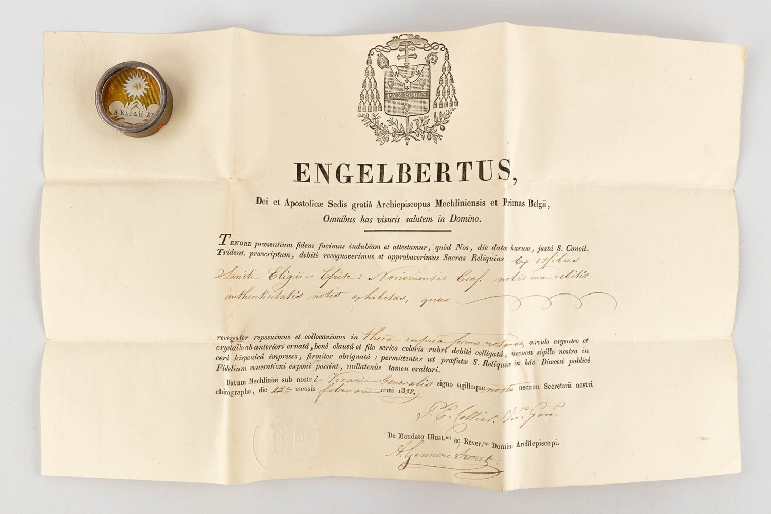 1  Reliquary - Relic Ex Ossibus Sancti Eligii Episcopus. With Original Document