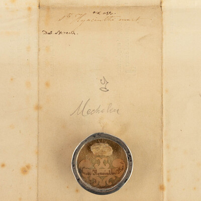 Reliquary - Relic Ex Ossibus Sancti Hyacinthi Martyris. With Original Document en Brass / Glass / Wax Seal, Belgium  19 th century ( Anno 1843 )