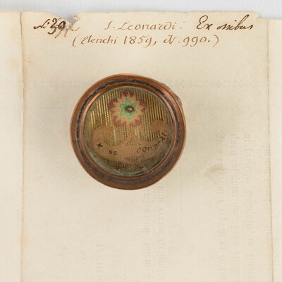 Reliquary - Relic Ex Ossibus Sancti Leonardi. With Original Document en Brass / Glass / Wax Seal, Belgium  19 th century ( Anno 1859 )