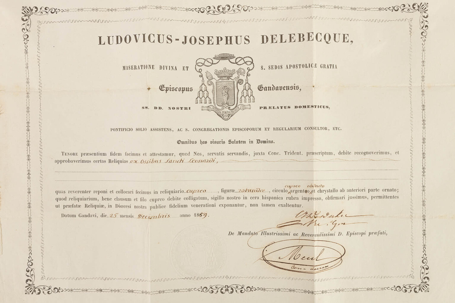 1  Reliquary - Relic Ex Ossibus Sancti Leonardi. With Original Document