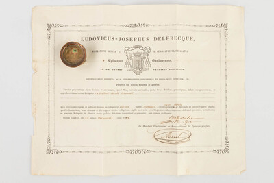 Reliquary - Relic Ex Ossibus Sancti Leonardi. With Original Document en Brass / Glass / Wax Seal, Belgium  19 th century ( Anno 1859 )