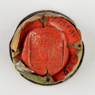 Reliquary - Relic Ex Ossibus Sancti Ludovici Regi With Original Document en Brass / Glass / Wax Seal, Belgium  19 th century