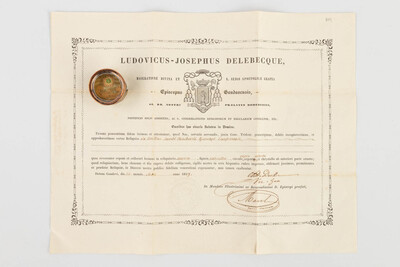 Reliquary - Relic Ex Ossibus Sancti Macharii Episcopi Confessoris. With Original Document en Brass / Glass / Wax Seal, Belgium  19 th century ( Anno 1859 )