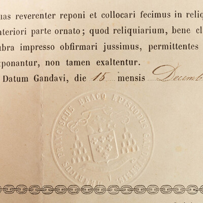 Reliquary - Relic Ex Ossibus Sancti Placidi Martyris. With Original Document en Brass / Glass / Wax Seal, Belgium  19 th century ( Anno 1879 )