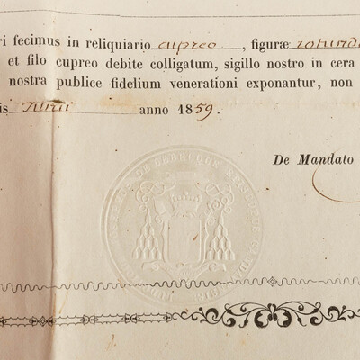 Reliquary - Relic Ex Ossibus Sancti Placidi Martyris. With Original Document en Brass / Glass / Wax Seal, Belgium  19 th century ( Anno 1859 )