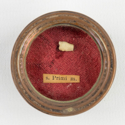 Reliquary - Relic Ex Ossibus Sancti Primi Martyr. With Original Document en Brass / Glass / Wax Seal, Belgium  19 th century ( Anno 1858 )