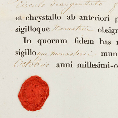 Reliquary - Relic Ex Ossibus Sancti Primi Martyr. With Original Document en Brass / Glass / Wax Seal, Belgium  19 th century ( Anno 1858 )