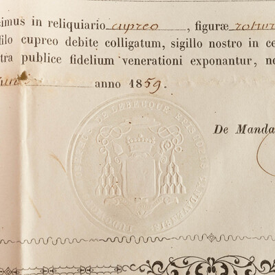 Reliquary - Relic Ex Ossibus Sancti Prosperi Martyris. With Original Document en Brass / Glass / Wax Seal, Belgium  19 th century ( Anno 1859 )