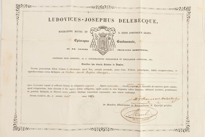 Reliquary - Relic Ex Ossibus Sancti Rufini Martyris. With Original Document en Brass / Glass / Wax Seal, Belgium  19 th century ( Anno 1859 )
