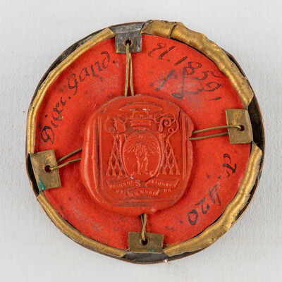 Reliquary - Relic Ex Ossibus Sancti Servatius M. With Original Docment en Brass / Glass / Wax Seal, Belgium  19 th century