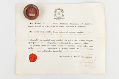 Reliquary - Relic Ex Ossibus Sancti Sylvestri P. P. C. With Original Document en Brass / Glass / Wax Seal, Belgium  19 th century ( Anno 1858 )