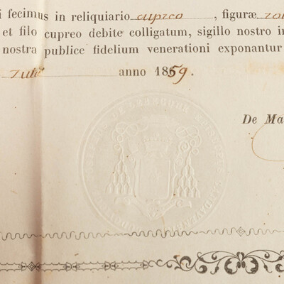 Reliquary - Relic  Ex Ossibus Sancti Urbani Martyris. With Original Docment en Brass / Glass / Wax Seal, Belgium  19 th century ( Anno 1859 )