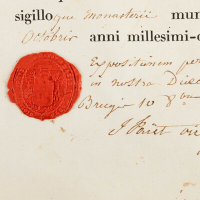 Reliquary - Relic Ex Ossibus Santi Antonii De Padua. With Original Document en Brass / Glass / Wax Seal, Belgium  19 th century ( Anno 1858 )