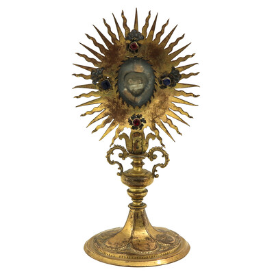 Reliquary - Relic Ex Ossibus St. Agatha en Brass / Glass / Stones, 19 th century