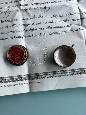 Reliquary - Relic Ex Ossibus St. Alphonsus De Liguori With Original Document  en Brass / Glass / Wax Seal, Italy  19 th century