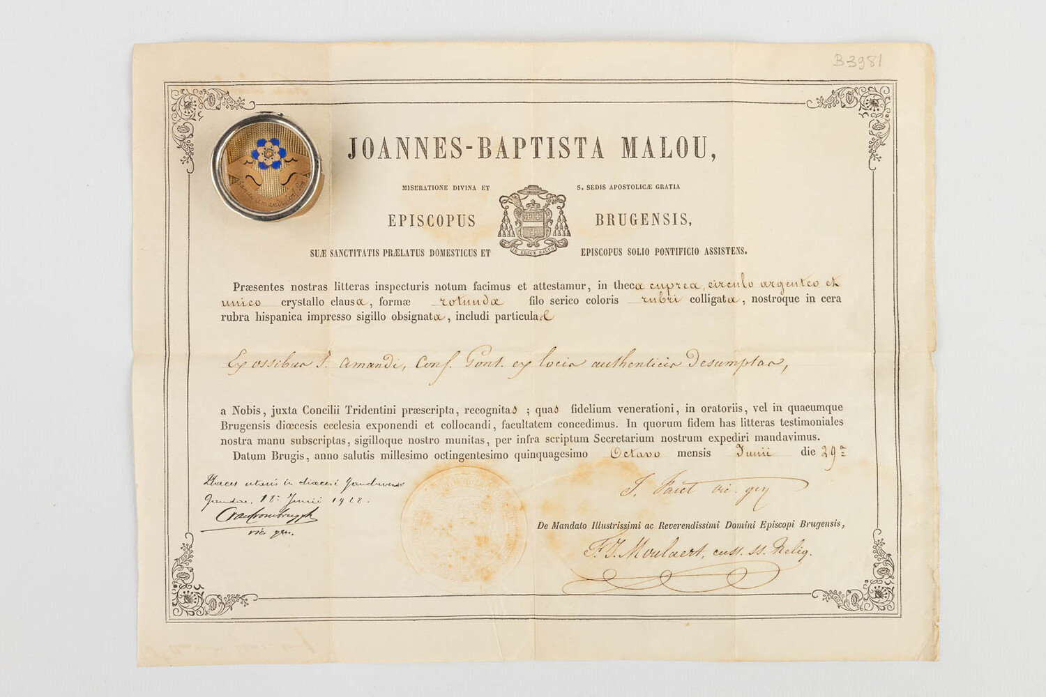 1  Reliquary - Relic Ex Ossibus St. Amandus With Original Document