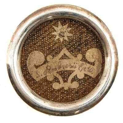 Reliquary - Relic Ex Ossibus St. Ambrosius With Original Document en Brass / Glass / Wax Seal, Belgium  19 th century