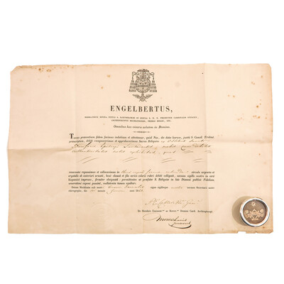 Reliquary - Relic Ex Ossibus St. Bonifacius With Original Document en Brass / Glass / Wax Seal, Belgium  19 th century