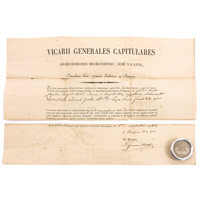 Reliquary - Relic Ex Ossibus St. Cecillia With Original Document en Brass / Glass / Wax Seal, Belgium  19 th century