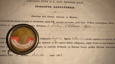 Reliquary - Relic Ex Ossibus St. Clara With Original Document en Brass / Glass / Originally Sealed, Gent - Belgium 19th century ( anno 1876 )