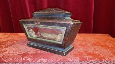 Reliquary - Relic : Ex Ossibus St. Clementi en Wood / Glass / Originally Sealed, Italy  19 th century