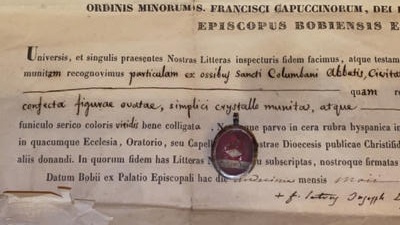 Reliquary - Relic Ex Ossibus St. Colombani Abb. With Original Document en Silver, Italy 19 th century ( Anno 1832 )