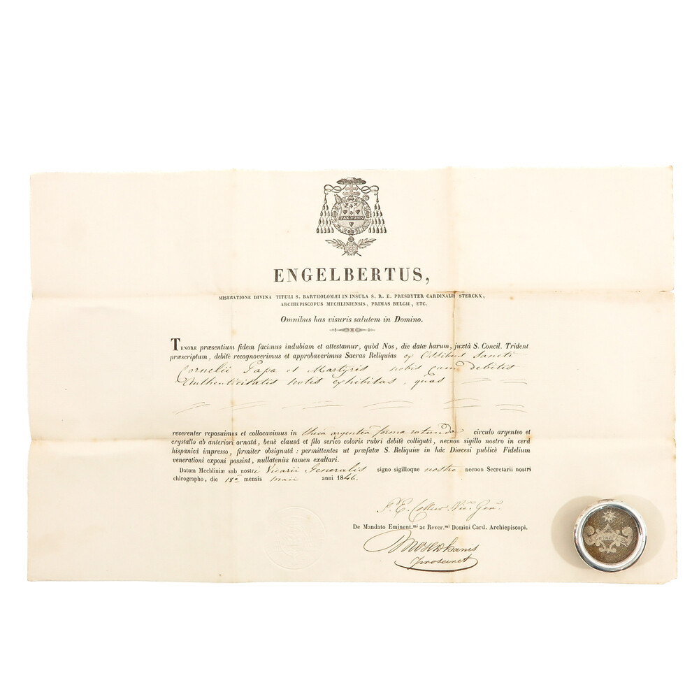 1  Reliquary - Relic Ex Ossibus St. Cornelius With Original Document